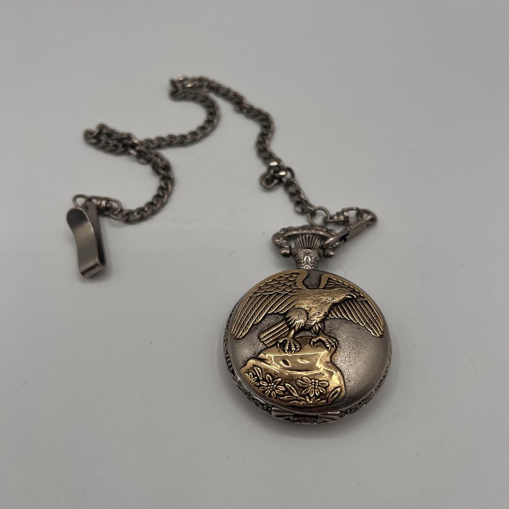 Eagle Pocket Watch Unisex Quatz Floral Engraved Chain UNTESTED